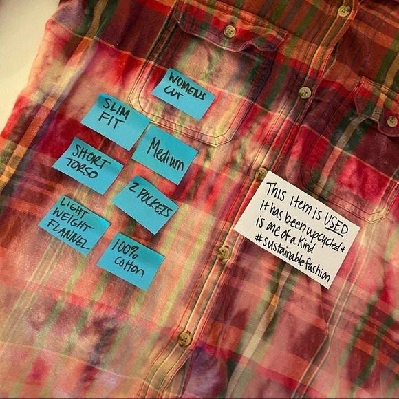 Upcycled Flannel Shirt Womens Size Medium Custom Bleached Plaid Boho Button Down - Picture 9 of 10